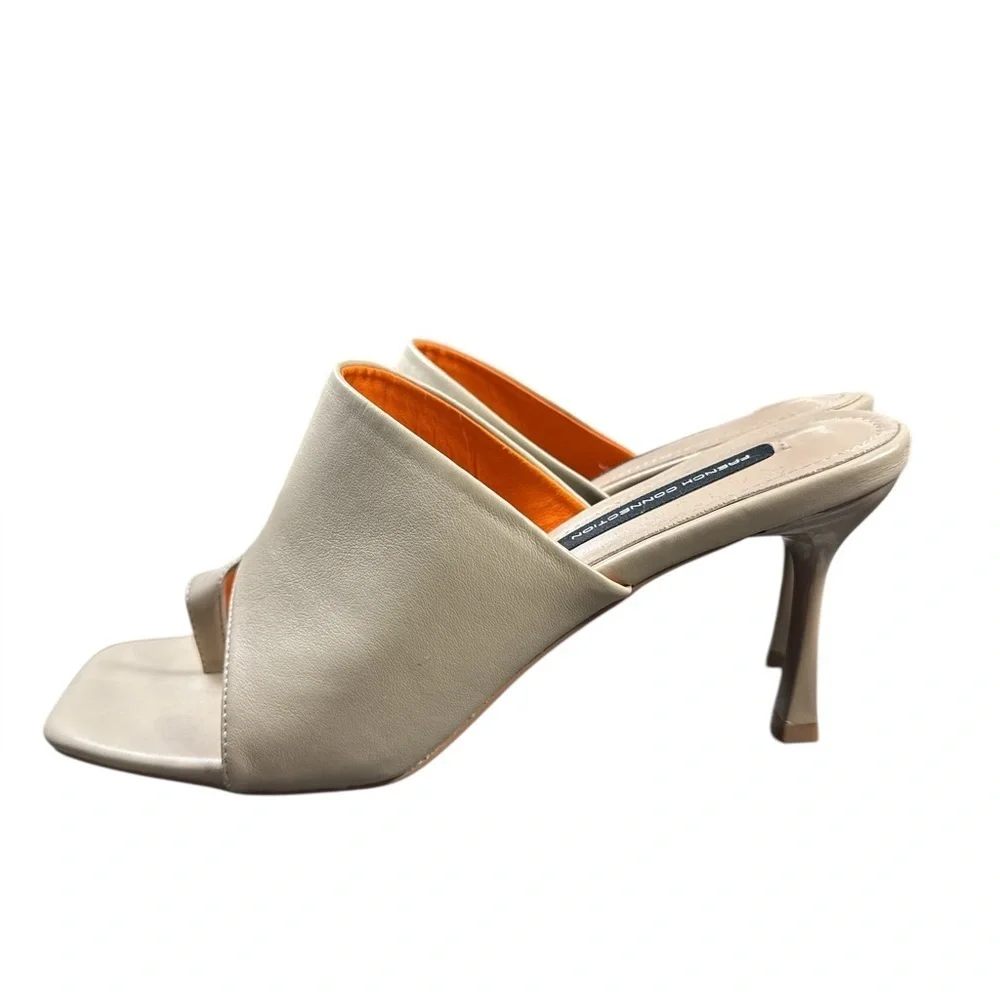 French Connection Beige Square-Toe Slip-On Heels Vegan Leather – Size 8.5